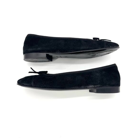 Chanel CC Logo Bow Black Suede Cap Toe Ballerina Flats 37.5 - Picture 4 of 9